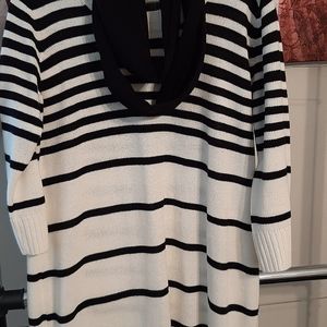 Very fashionable striped sweater dress with infinity scarf